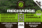Close-up of Organik Nation RECHARGE Base Formula label showing PUREGANIK organic amendments, 60 beneficial microorganisms, and bio-stimulant blend for healthy cannabis growth.