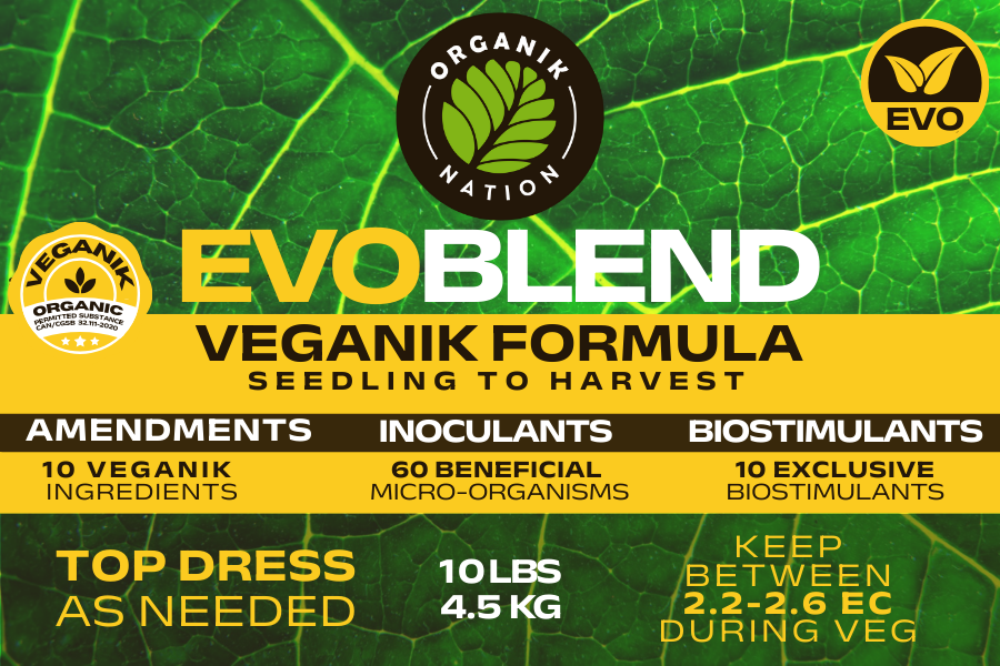 Close-up of Organik Nation EVOBLEND label highlighting veganik formula details, organic amendments, biostimulants, and beneficial microorganisms.