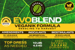 Close-up of Organik Nation EVOBLEND label highlighting veganik formula details, organic amendments, biostimulants, and beneficial microorganisms.