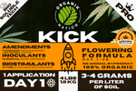 Close-up of Organik Nation KICK Flowering Formula label highlighting 13 vegetarian ingredients, biosoluble tech, and 100% organic amendments for early flowering cannabis growth.