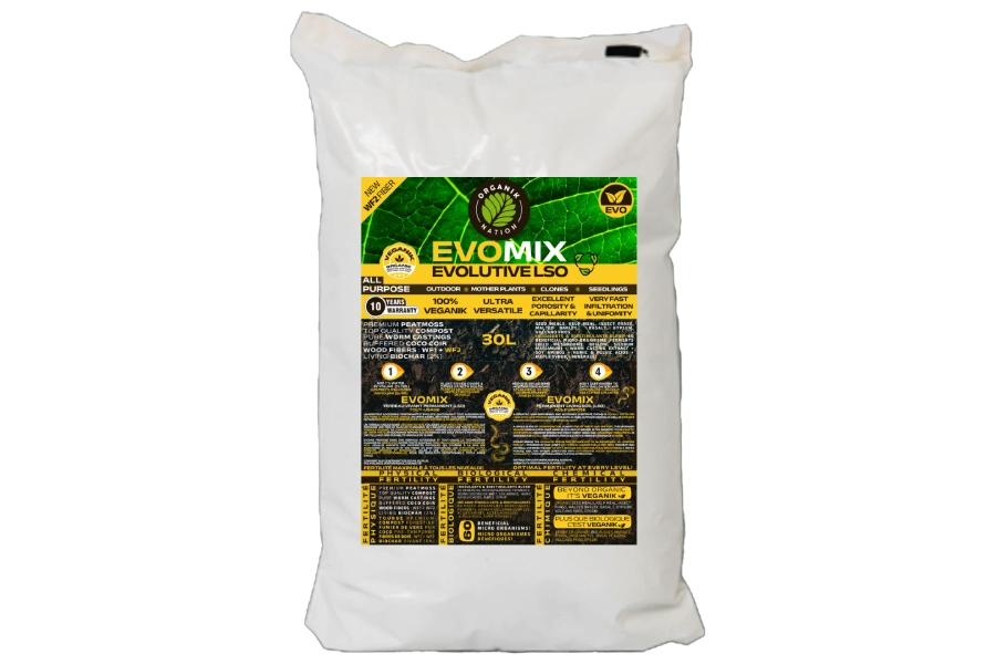 Organik Nation EVOMIX permanent living soil with all-purpose veganik soil mix for long-cycle cannabis cultivation and organic plant growth.”