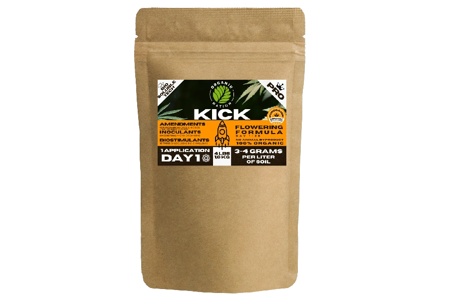 Organik Nation KICK Flowering Formula — 100% organic top-dress fertilizer with biosoluble technology for explosive bloom and resin-rich cannabis cultivation.