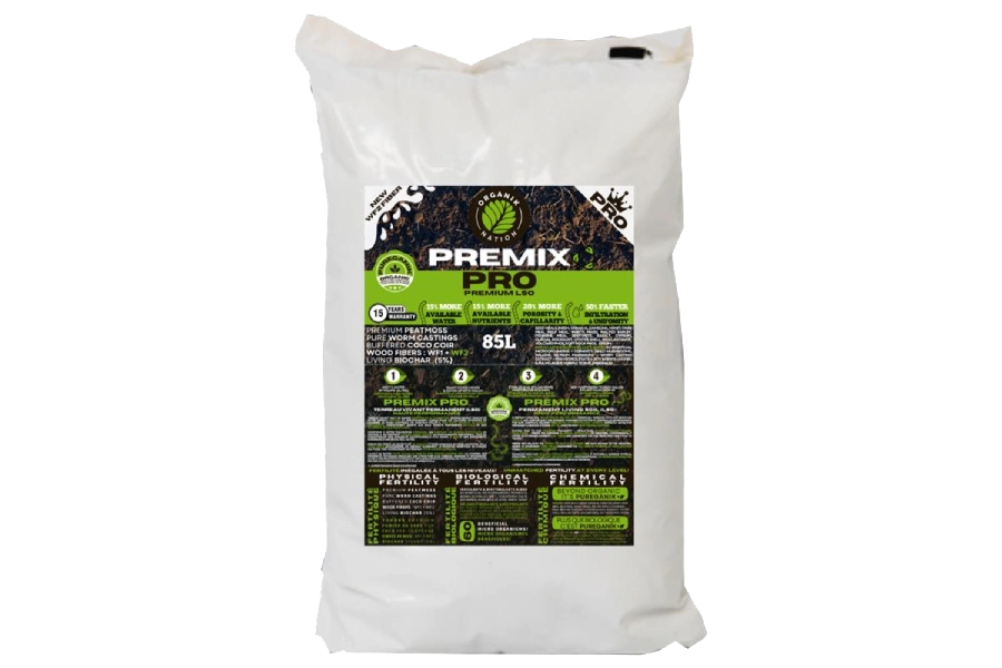 Organik Nation PREMIX PRO Premium Living Soil — high-performance PUREGANIK substrate enriched with biochar and WF2 wood fibers for intensive cannabis cultivation.