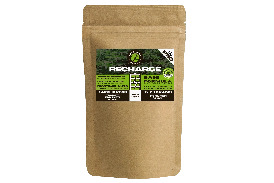Organik Nation RECHARGE Base Formula — 100% organic PUREGANIK amendment and inoculant blend supporting soil fertility from seedling to harvest.