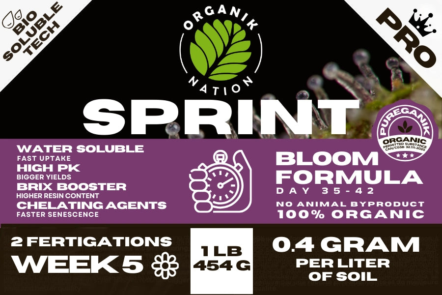 Close-up of Organik Nation SPRINT Bloom Formula label highlighting 100% organic, water-soluble bloom nutrients with biosoluble technology for late flowering cannabis growth.