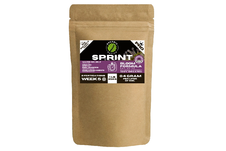 Organik Nation SPRINT Bloom Formula — 100% organic water-soluble fertilizer for late flowering and fruiting phase enhancement in cannabis cultivation.
